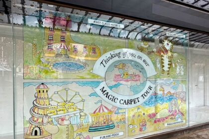 The Giant's Postcard by Play On Productions CIC in the window of the former Beales department store at Wayfarers Arcade on Lord Street in Southport. Photo by Andrew Brown Stand Up For Southport