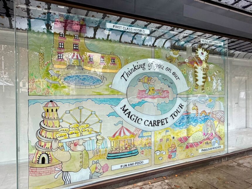 The Giant's Postcard by Play On Productions CIC in the window of the former Beales department store at Wayfarers Arcade on Lord Street in Southport. Photo by Andrew Brown Stand Up For Southport