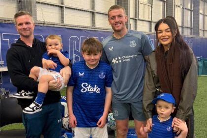 Southport dad Leon Skapars with wife Crystal and their three boys and Everton FC goalkeeper Jordan Pickford