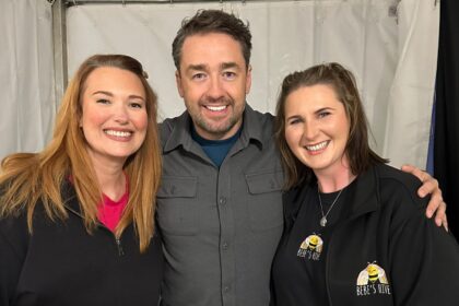 Jason Manford (centre) with Lauren King (left) and Hayley Jones (right) are looking forward to Bebe's Ozdust Ball in Southport